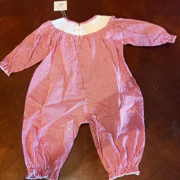 Red Gingham Baby Romper With Christmas Embroidery santa snowman,‎ reindeer - Picture 2 of 8